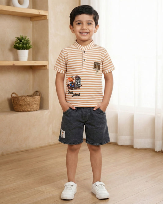 Bestie Bears Half Sleeves T-Shirt & RFD Shorts Set | Peach