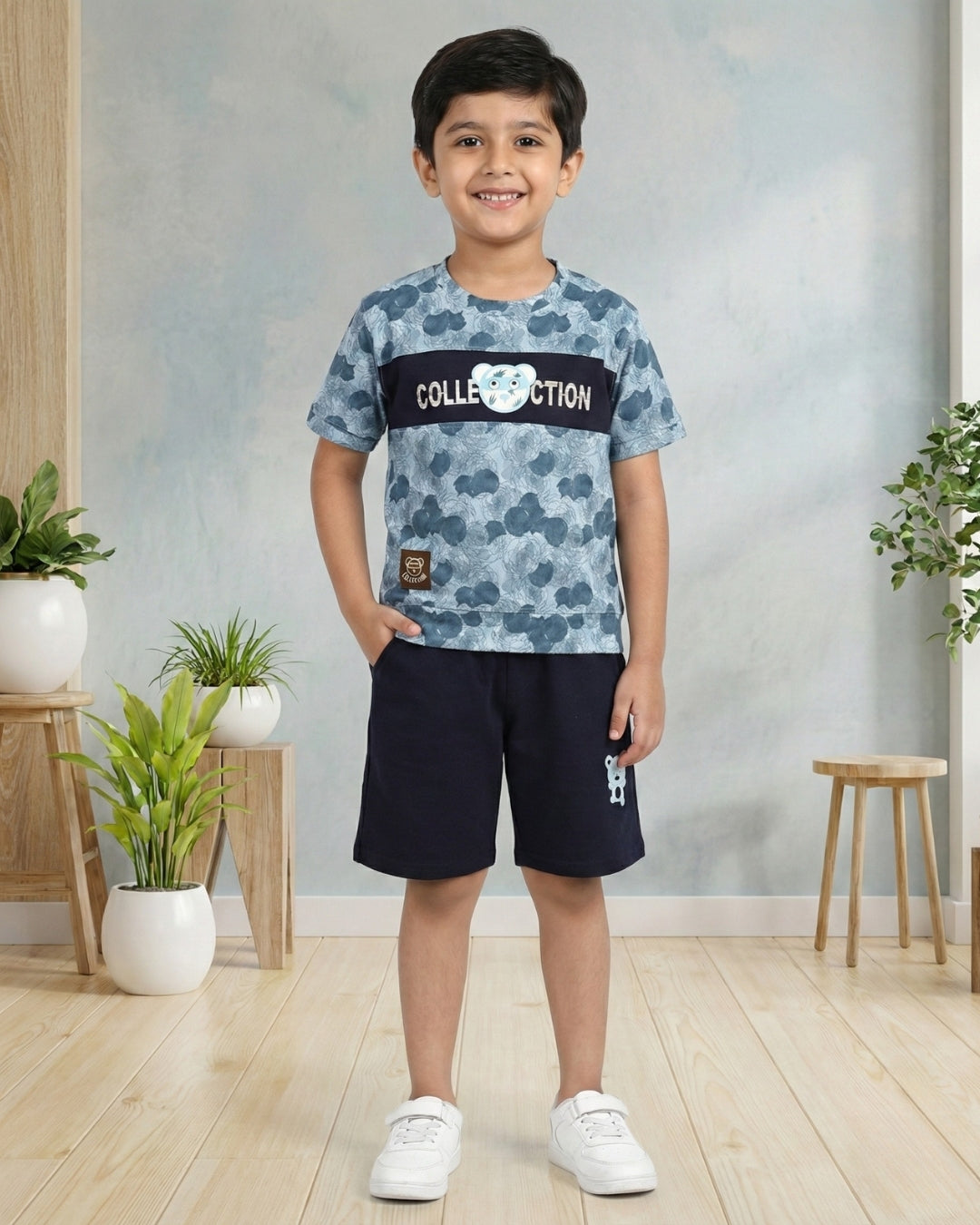 Collection Bear Half Sleeves T-Shirt & Shorts Set | Blue