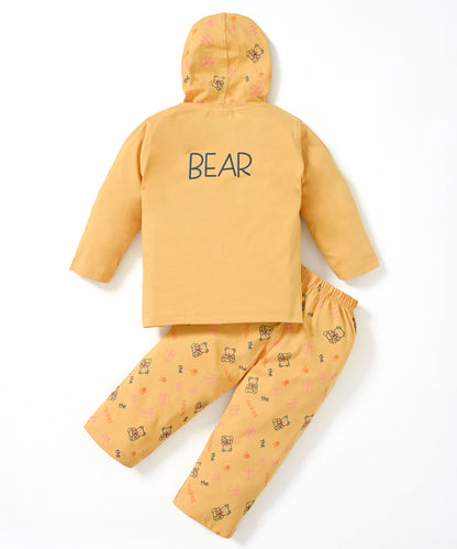 Little Bear Full Sleeves Front Open Hooded T-Shirt & Pyjama Set | Yellow