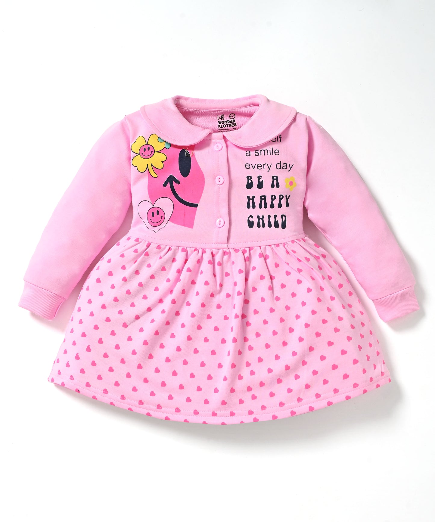 Smiley Child Full Sleeves Front Open Frock and Joggers Set | Pink