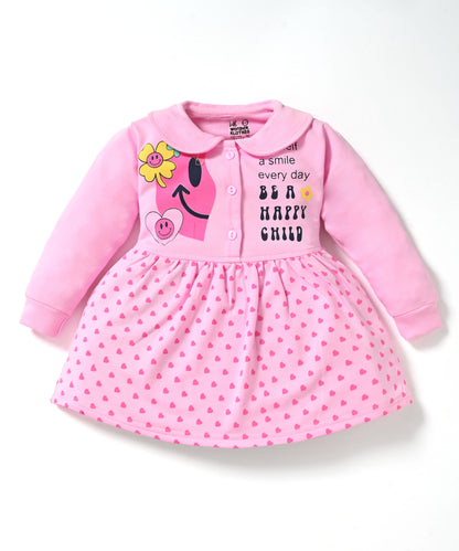 Smiley Child Full Sleeves Front Open Frock and Joggers Set | Pink