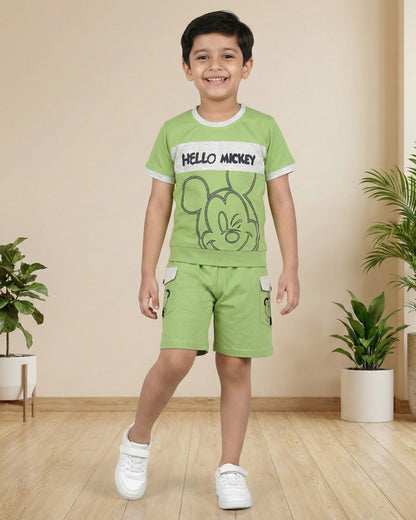 Hello Mickey Half Sleeves T-Shirt & Shorts Set | Green