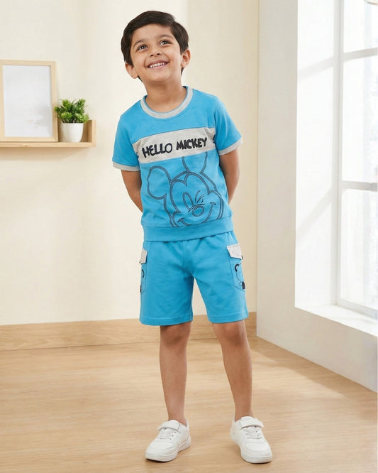 Hello Mickey Half Sleeves T-Shirt & Shorts Set | Blue