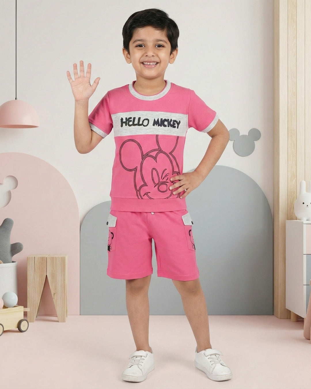Hello Mickey Half Sleeves T-Shirt & Shorts Set | Pink