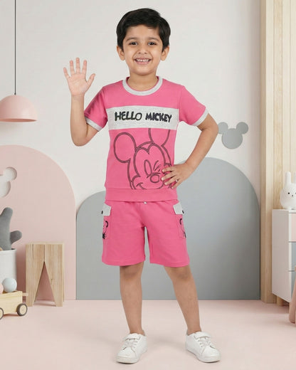 Hello Mickey Half Sleeves T-Shirt & Shorts Set | Pink