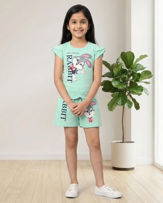 Rabbit Short Sleeves Top & Hot Pant Set | Green
