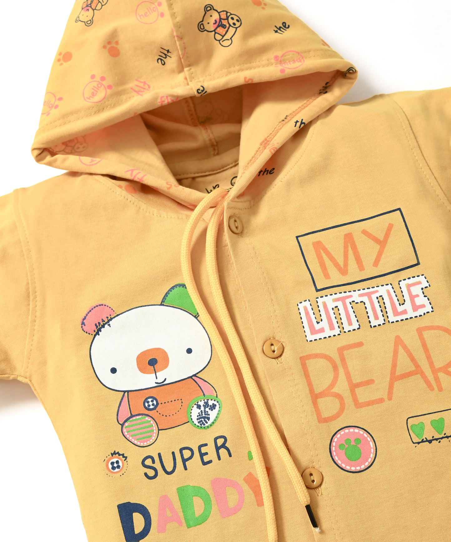 Little Bear Full Sleeves Front Open Hooded T-Shirt & Pyjama Set | Yellow