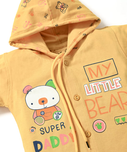 Little Bear Full Sleeves Front Open Hooded T-Shirt & Pyjama Set | Yellow