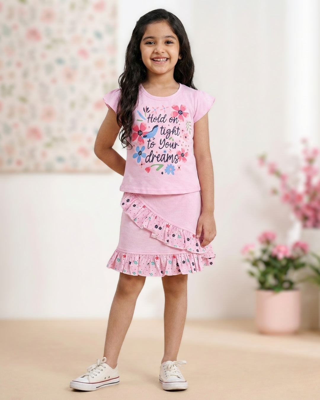 Floral Dreams Short Sleeves Top & Skirt Set | Pink