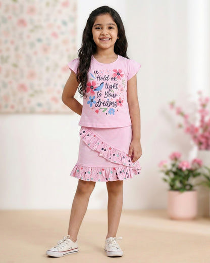Floral Dreams Short Sleeves Top & Skirt Set | Pink