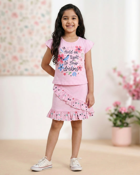 Floral Dreams Short Sleeves Top & Skirt Set | Pink