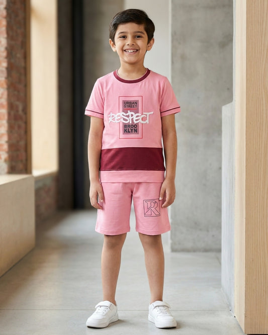 Respect Half Sleeves T-Shirt & Shorts Set | Pink
