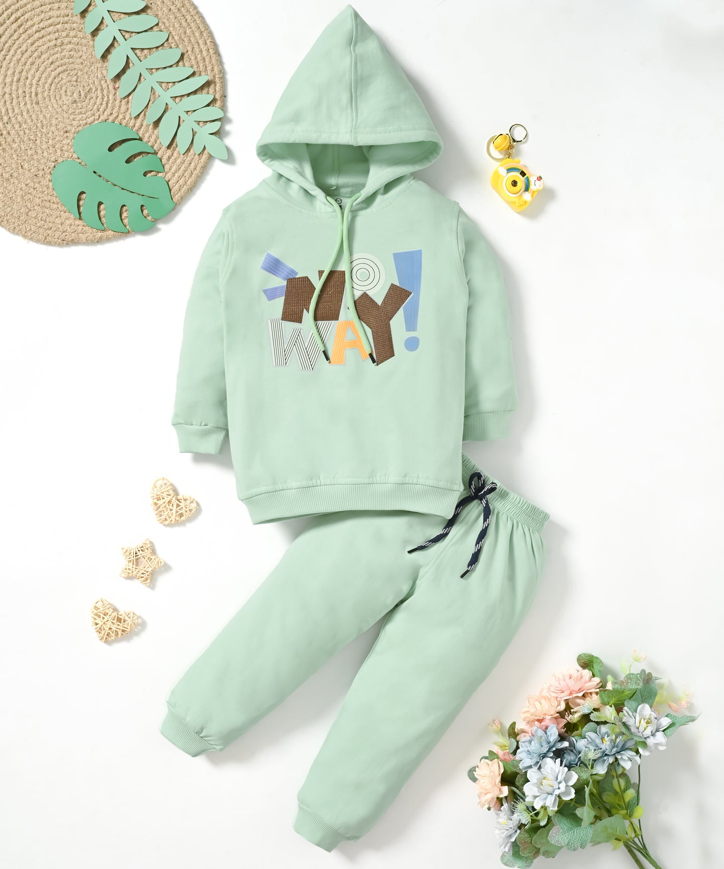 No Way Full Sleeves Fleece Hooded Sweatshirt and Joggers Set | Green