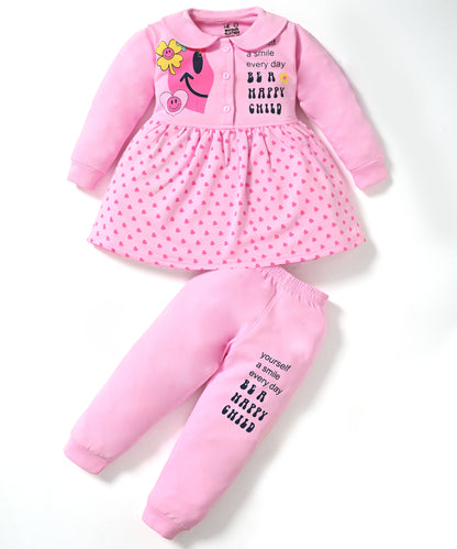 Smiley Child Full Sleeves Front Open Frock and Joggers Set | Pink