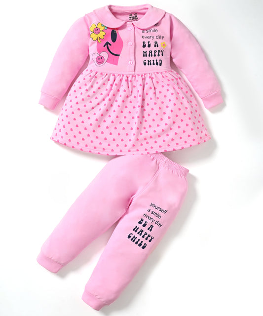 Smiley Child Full Sleeves Front Open Frock and Joggers Set | Pink