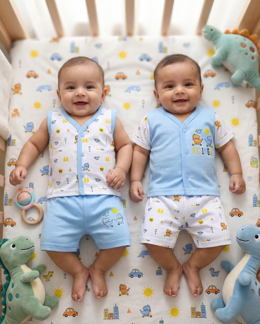 Dino Rides Half Sleeves & Sleeveless Front Open T-Shirt & Half Pant Set | Blue | Pack of 2