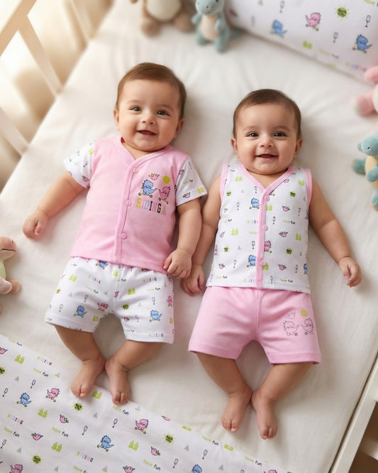 Dino Rides Half Sleeves & Sleeveless Front Open T-Shirt & Half Pant Set | Pink | Pack of 2