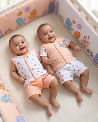 Dino Rides Half Sleeves & Sleeveless Front Open T-Shirt & Half Pant Set | Orange | Pack of 2