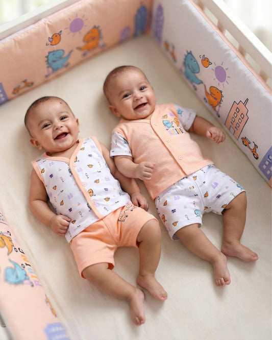 Dino Rides Half Sleeves & Sleeveless Front Open T-Shirt & Half Pant Set | Orange | Pack of 2