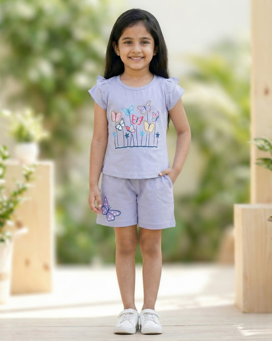 Butterfly Meadow Raglan Short Sleeves Top & Hot Pant Set | Purple