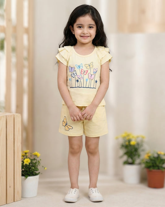 Butterfly Meadow Raglan Short Sleeves Top & Hot Pant Set | Cream