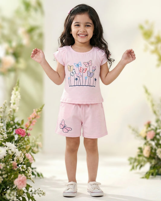 Butterfly Meadow Raglan Short Sleeves Top & Hot Pant Set | Pink