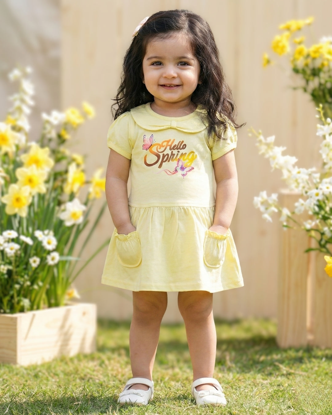 Hello Spring Half Sleeves Frock & Bloomer Pant Set | Yellow