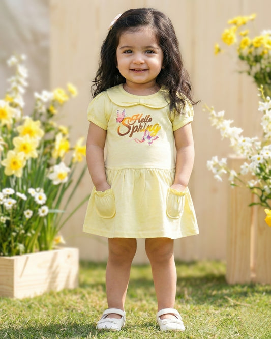 Hello Spring Half Sleeves Frock & Bloomer Pant Set | Yellow