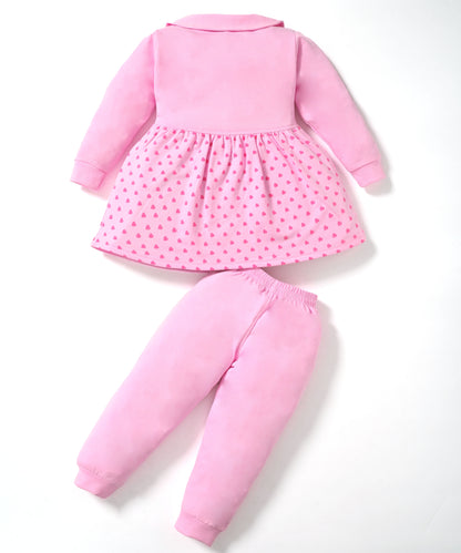 Smiley Child Full Sleeves Front Open Frock and Joggers Set | Pink
