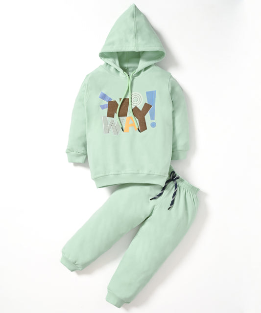 No Way Full Sleeves Fleece Hooded Sweatshirt and Joggers Set | Green