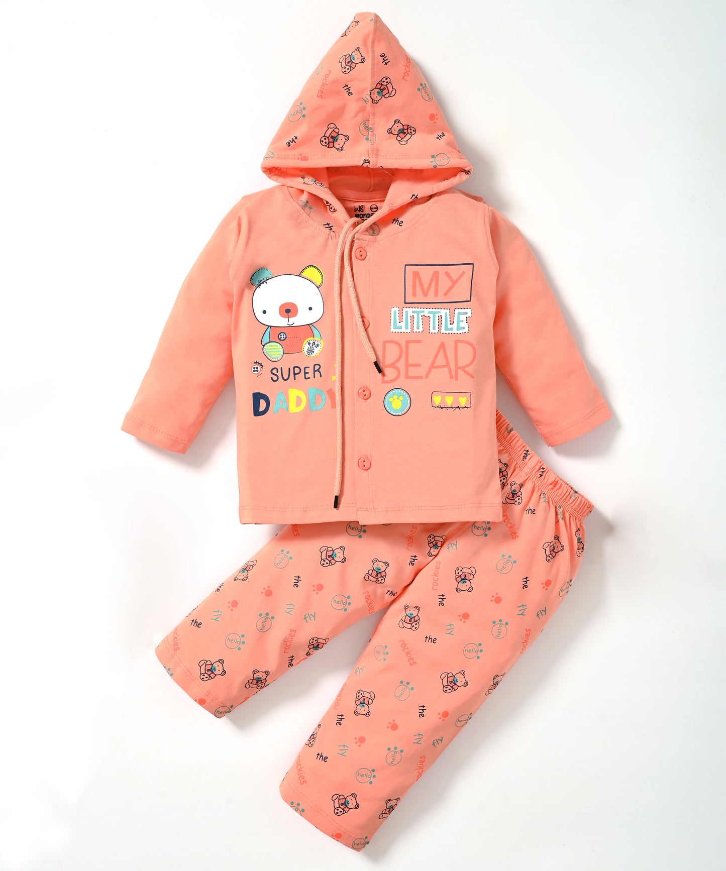 Little Bear Full Sleeves Front Open Hooded T-Shirt & Pyjama Set | Orange