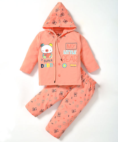 Little Bear Full Sleeves Front Open Hooded T-Shirt & Pyjama Set | Orange