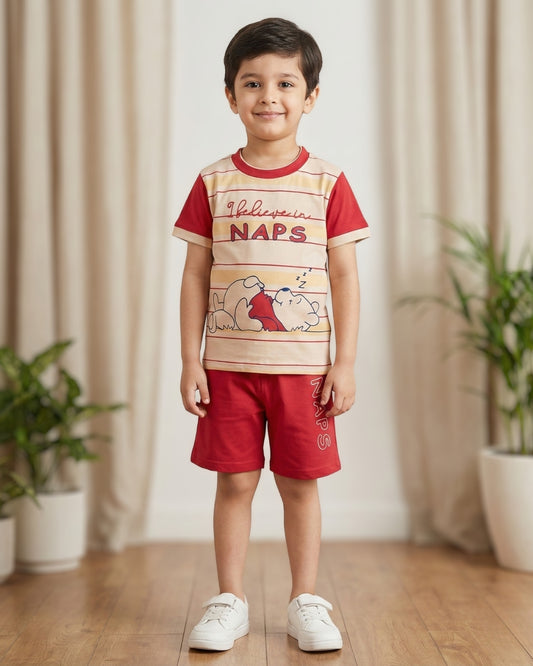 Bear Naps Half Sleeves T-Shirt & Half Pant Set | Red
