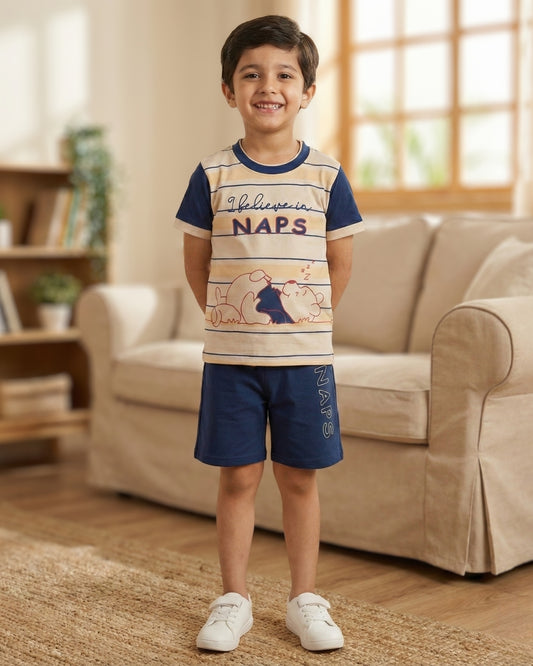 Bear Naps Half Sleeves T-Shirt & Half Pant Set | Blue