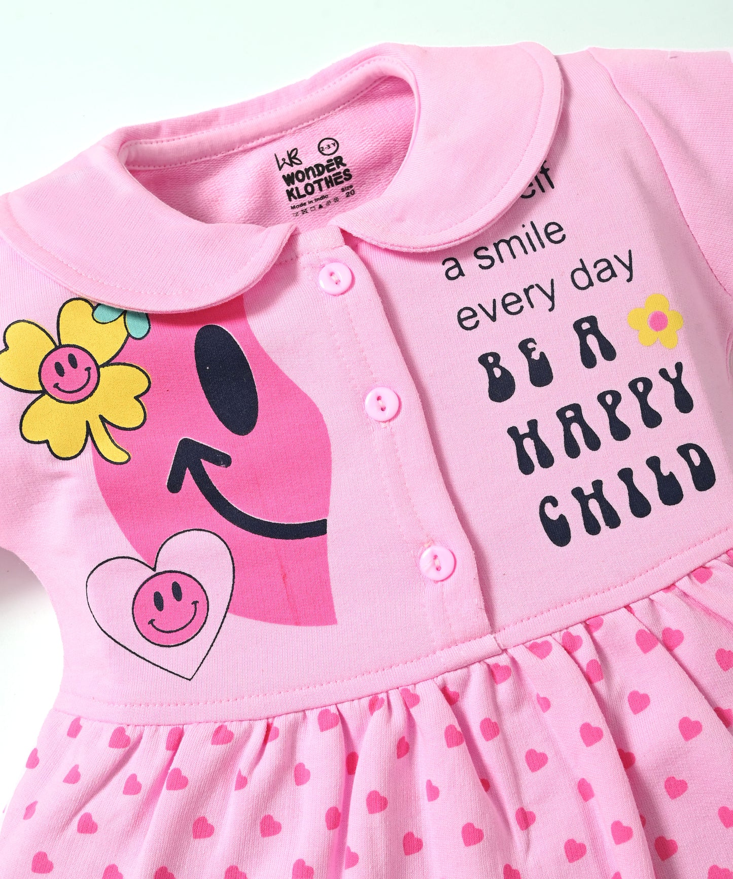 Smiley Child Full Sleeves Front Open Frock and Joggers Set | Pink