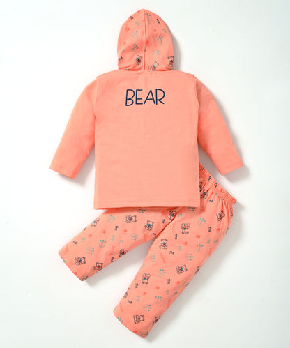 Little Bear Full Sleeves Front Open Hooded T-Shirt & Pyjama Set | Orange