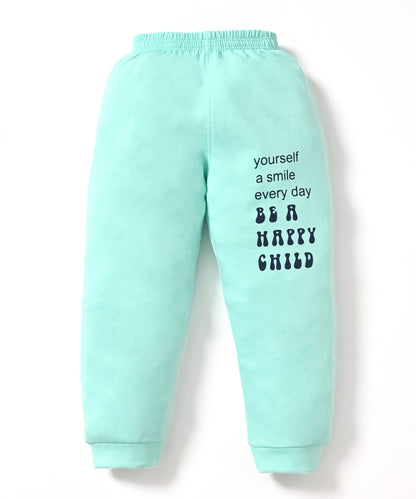 Smiley Child Full Sleeves Front Open Frock and Joggers Set | Green