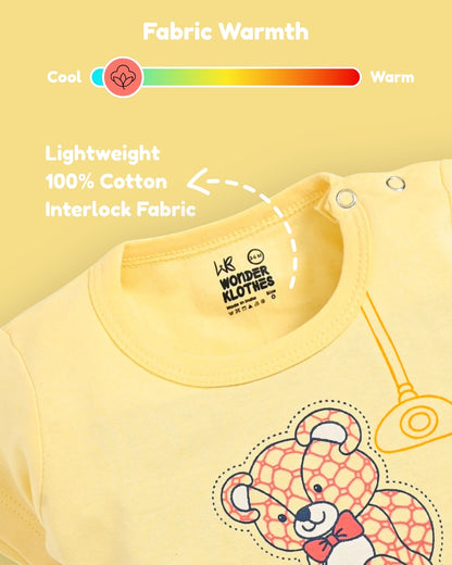 Teddy Bear Half Sleeves Shoulder Open T-Shirt & Half Pant Set | Yellow
