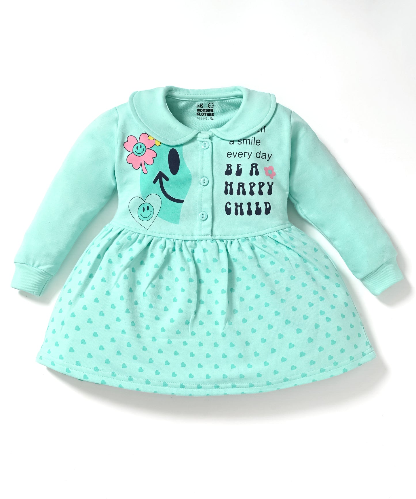 Smiley Child Full Sleeves Front Open Frock and Joggers Set | Green