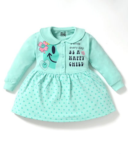 Smiley Child Full Sleeves Front Open Frock and Joggers Set | Green