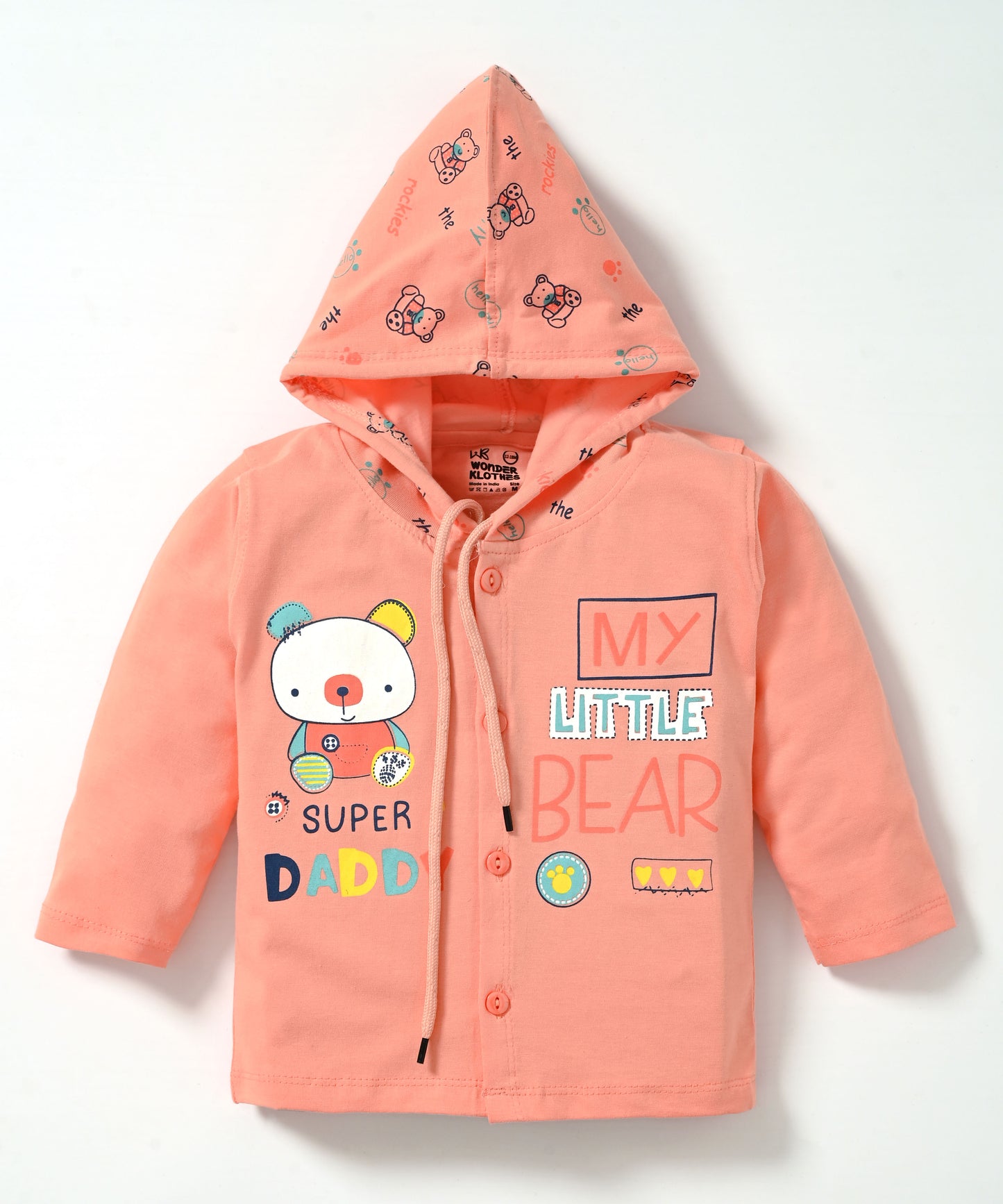 Little Bear Full Sleeves Front Open Hooded T-Shirt & Pyjama Set | Orange