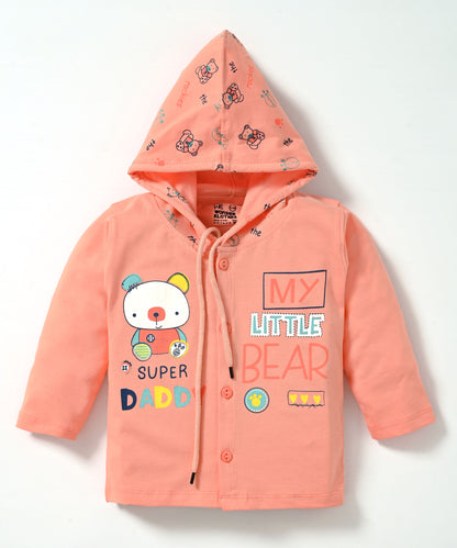 Little Bear Full Sleeves Front Open Hooded T-Shirt & Pyjama Set | Orange
