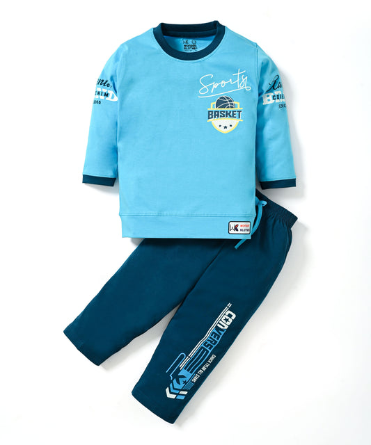 Sports Basket Full Sleeves Back Print T-Shirt and Pyjama Set | Blue