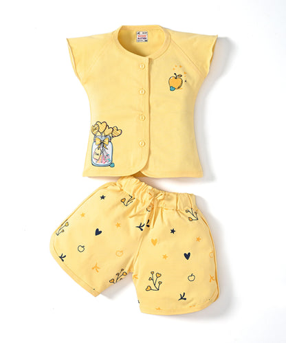 Apple Jar Raglan Short Sleeves Front Open Top & Hot Pant Set | Yellow