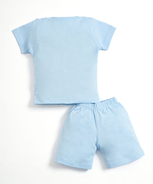 Cute Bear Half Sleeves Front Open T-Shirt & Half Pant Set | Blue