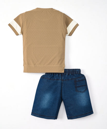 Rock and Roll Premium Half Sleeves T-Shirt & Denim Shorts Set | Brown