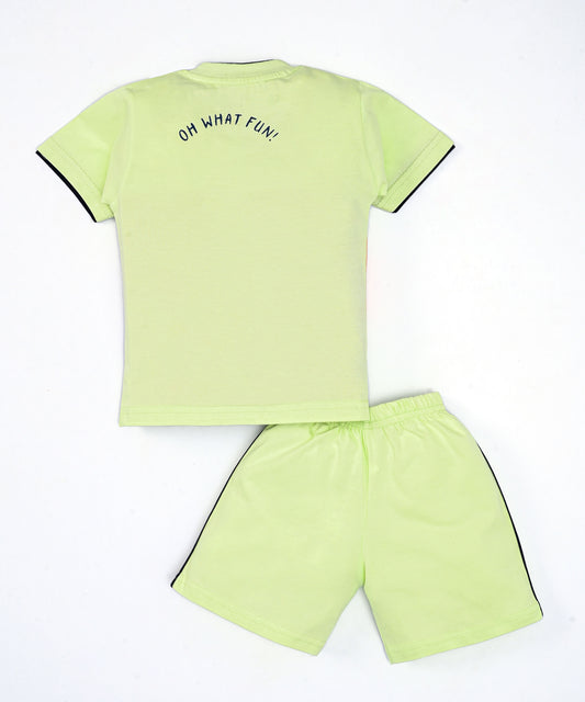 Oh What Fun Half Sleeves Shoulder Open T-Shirt & Half Pant Set | Green