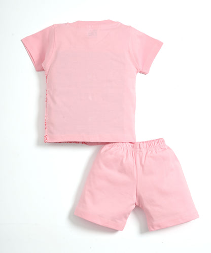 Cute Bear Half Sleeves Front Open T-Shirt & Half Pant Set | Pink