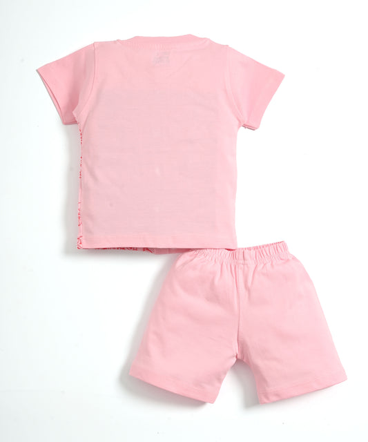 Cute Bear Half Sleeves Front Open T-Shirt & Half Pant Set | Pink