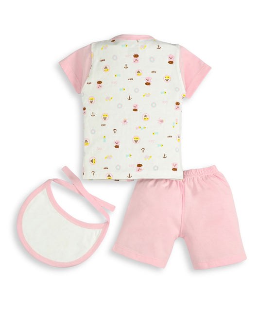 Sea Ship Half Sleeves Front Open T-Shirt & Half Pant Set with Bib | Pink